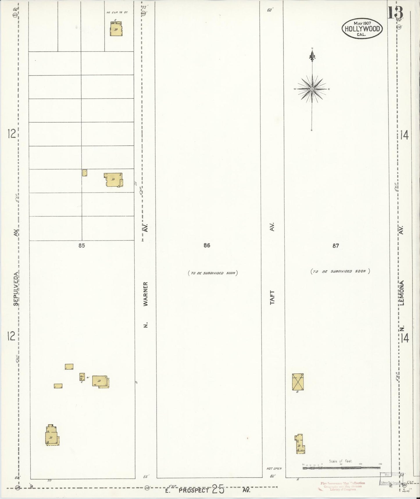 Sanborn Fire Insurance Map from Hollywood, Los Angeles County, California (1907), Sheet #0013 - Complete Map Set gallery image, historic Sanborn map, vintage wall art, California California