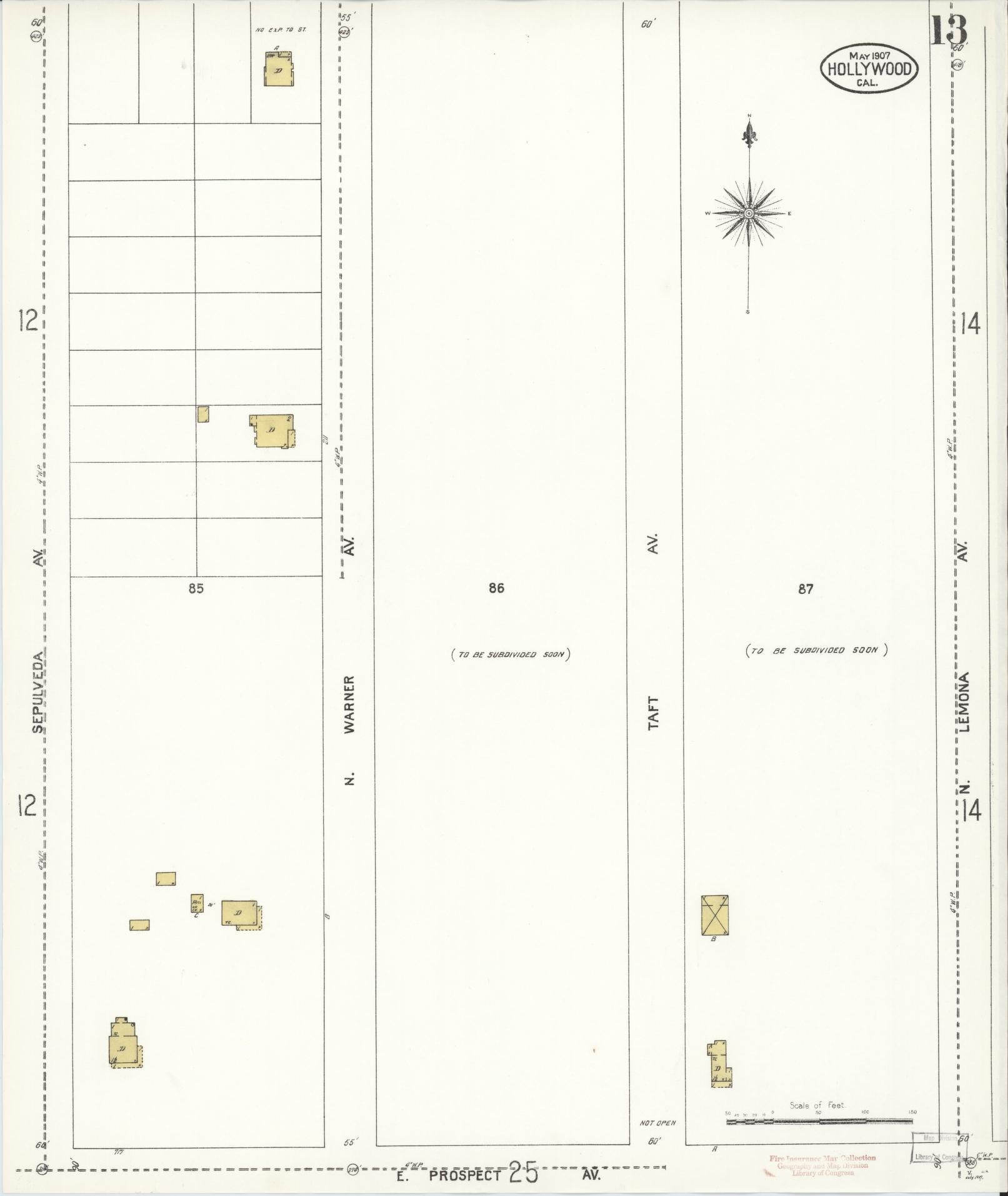 Sanborn Fire Insurance Map from Hollywood, Los Angeles County, California (1907), Sheet #0013 - Complete Map Set gallery image, historic Sanborn map, vintage wall art, California California