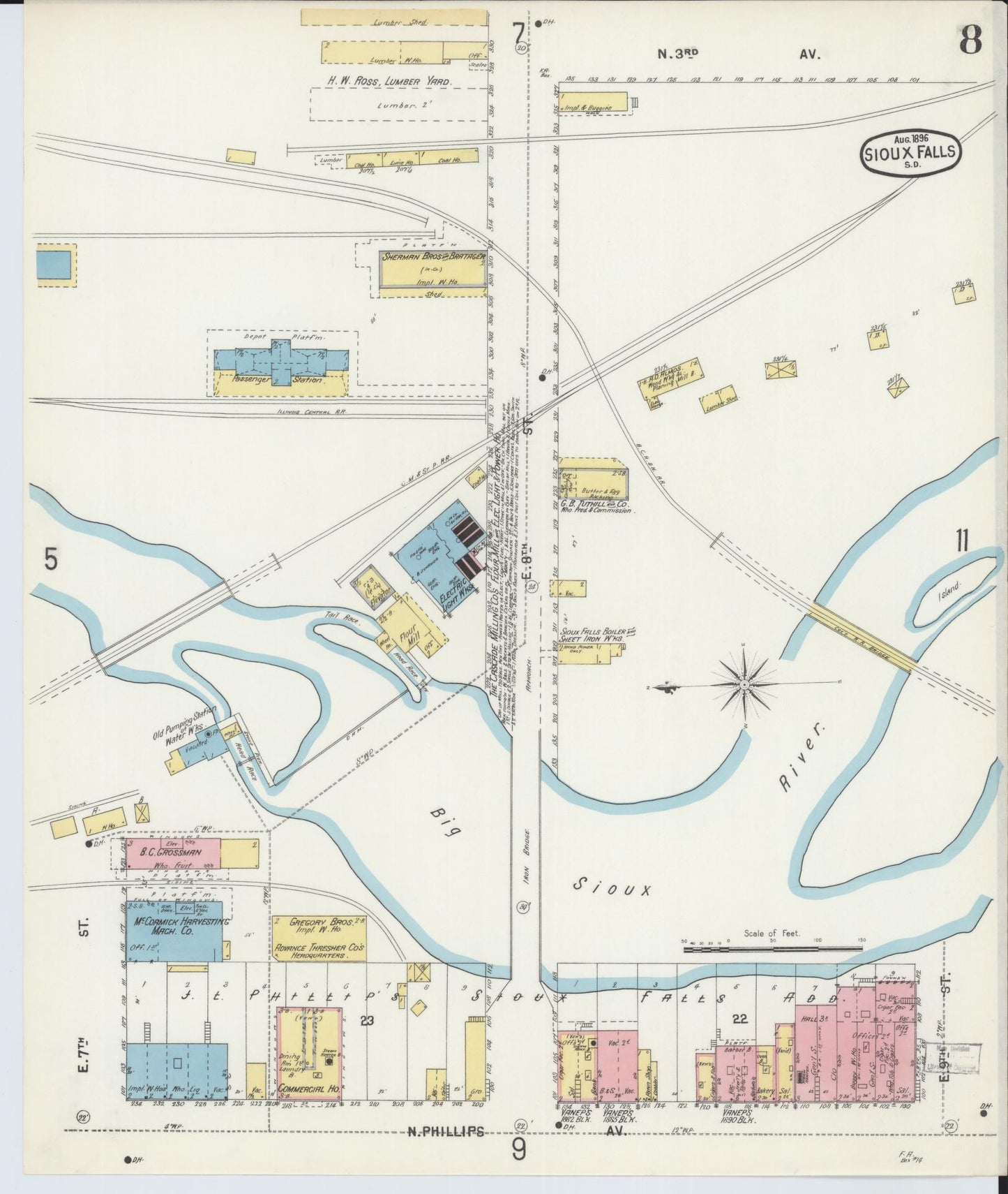 Sanborn Fire Insurance Map from Sioux Falls, Minnehaha County, South Dakota (1896), Sheet #0008 - Complete Map Set gallery image, historic Sanborn map, vintage wall art, South Dakota South Dakota