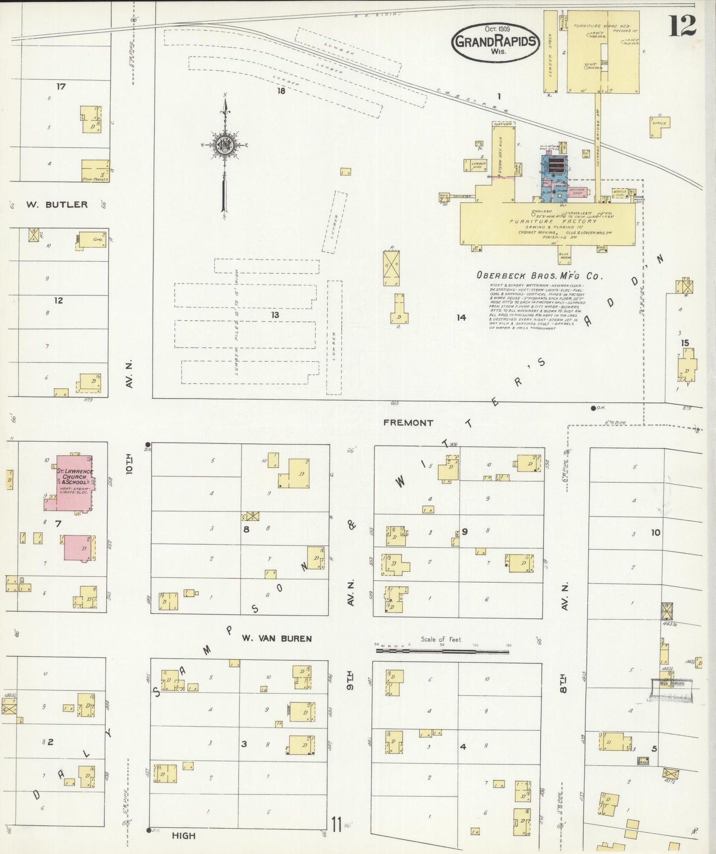 Sanborn Fire Insurance Map from Grand Rapids, Wood County, Wisconsin (1909), Sheet #0012 - Complete Map Set gallery image, historic Sanborn map, vintage wall art, Wisconsin Wisconsin