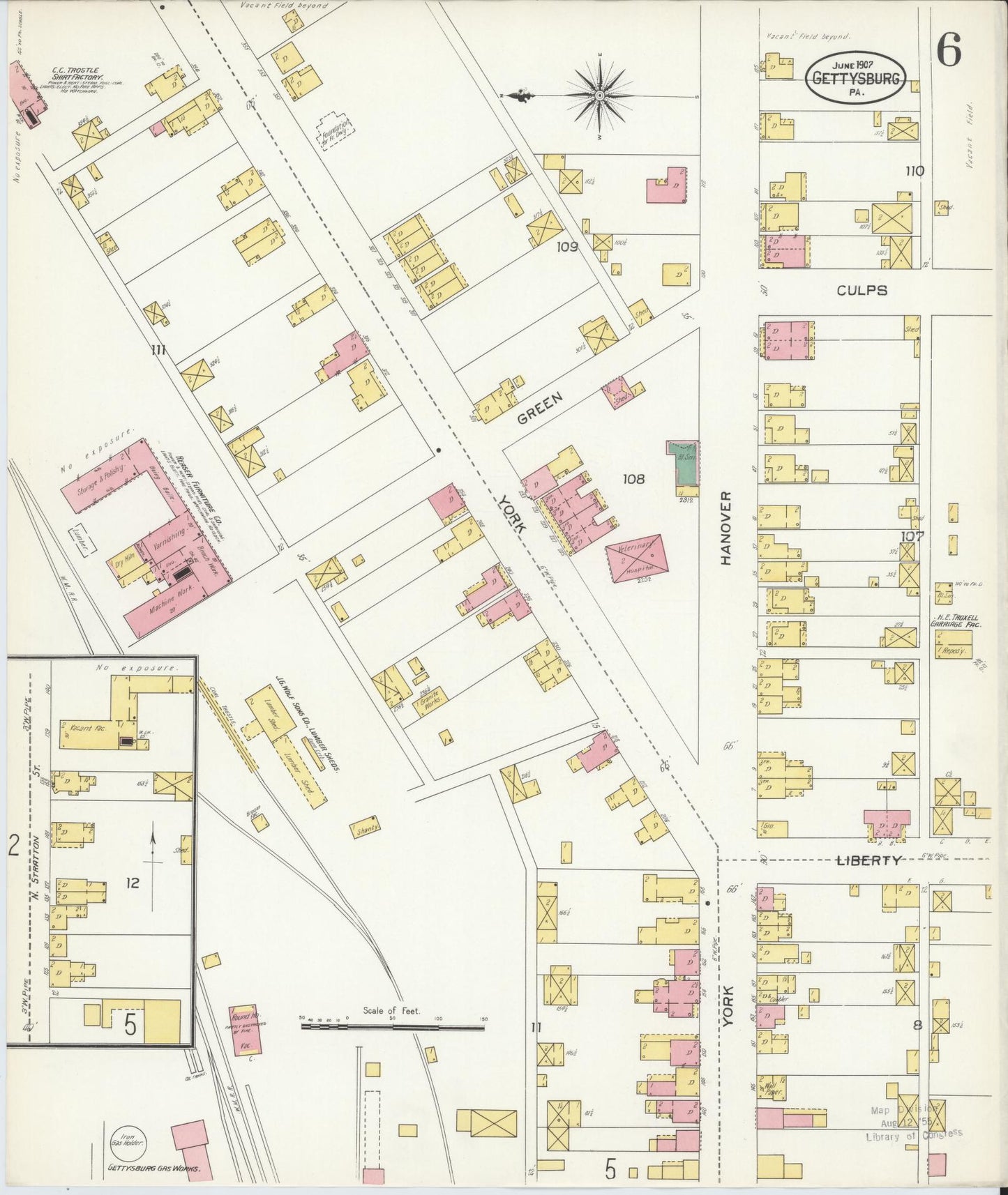 Sanborn Fire Insurance Map from Gettysburg, Adams County, Pennsylvania (1907), Sheet #0006 - Historic Sanborn Fire Insurance Map Print, vintage old map wall art, antique decor, genealogy gift, Pennsylvania Pennsylvania map