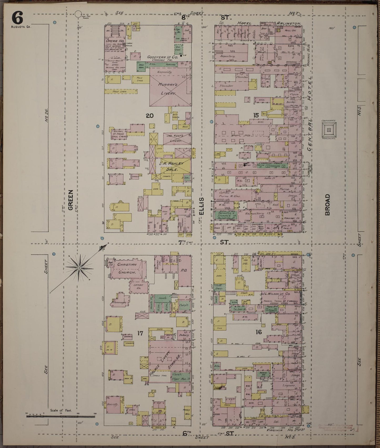 Sanborn Fire Insurance Map from Augusta, Richmond County, Georgia (1890), Sheet #0006 - Historic Sanborn Fire Insurance Map Print, vintage old map wall art, antique decor, genealogy gift, Georgia Georgia map