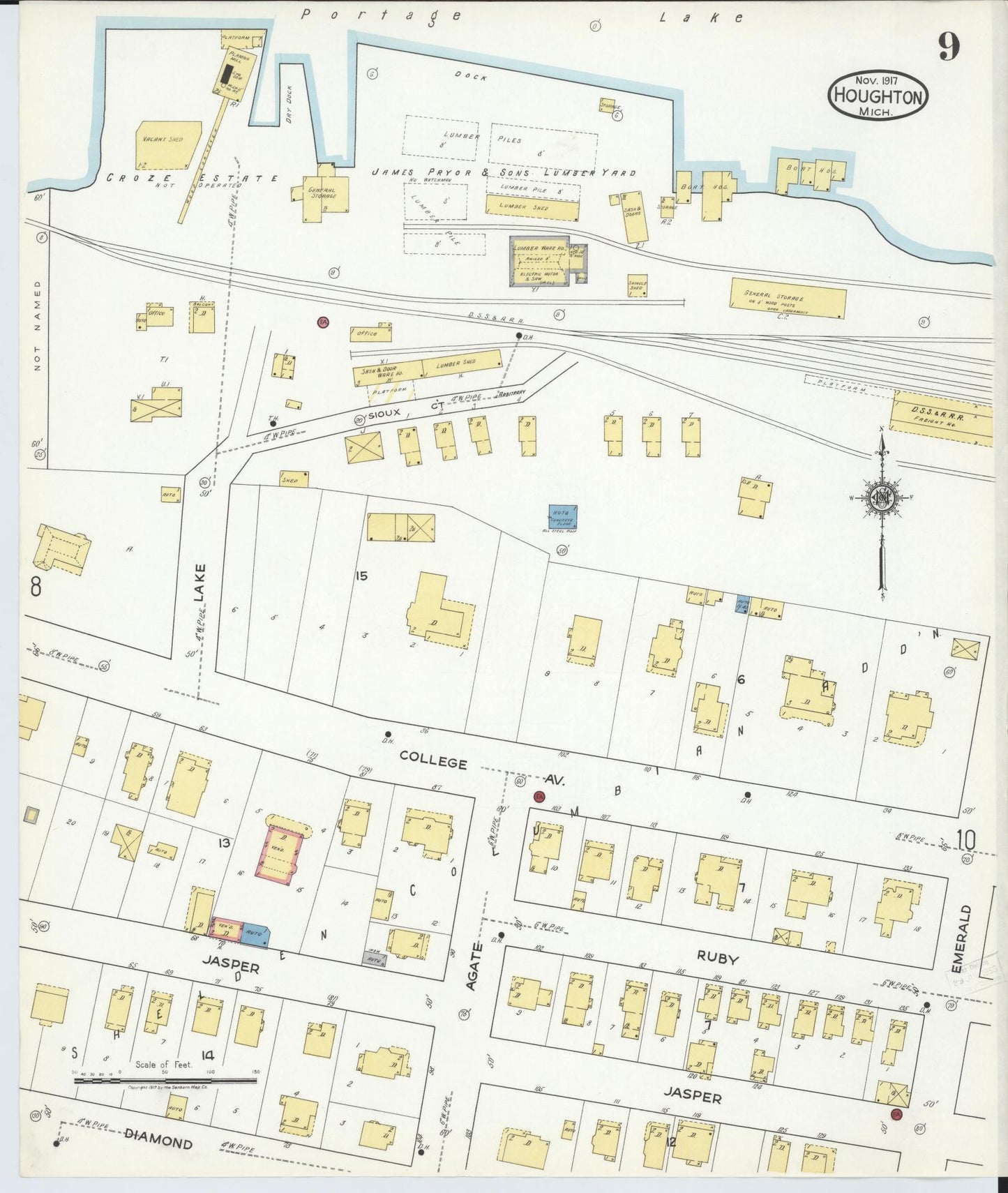 Sanborn Fire Insurance Map from Houghton, Houghton County, Michigan (1917), Sheet #0009 - Complete Map Set gallery image, historic Sanborn map, vintage wall art, Michigan Michigan