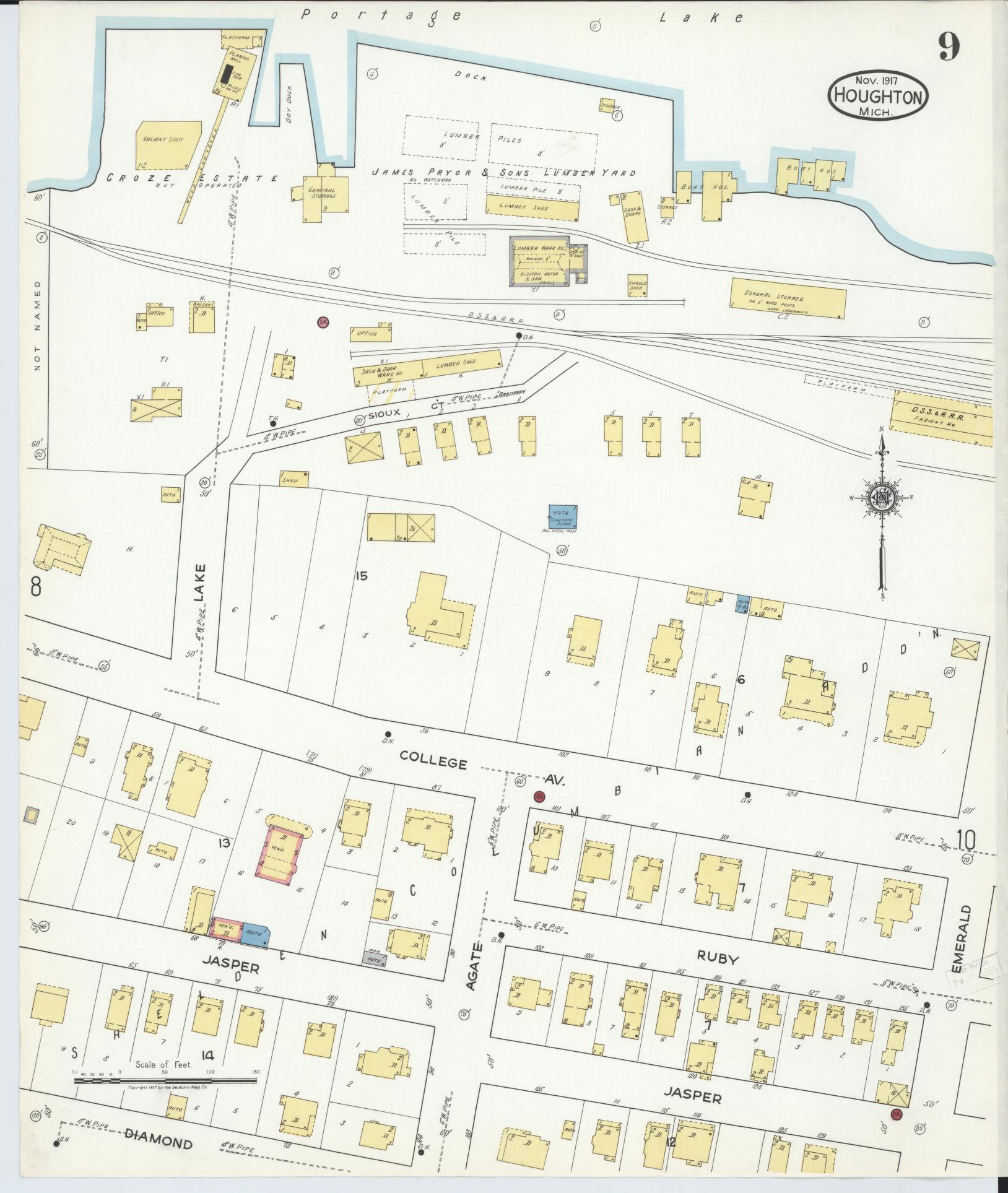 Sanborn Fire Insurance Map from Houghton, Houghton County, Michigan (1917), Sheet #0009 - Complete Map Set gallery image, historic Sanborn map, vintage wall art, Michigan Michigan