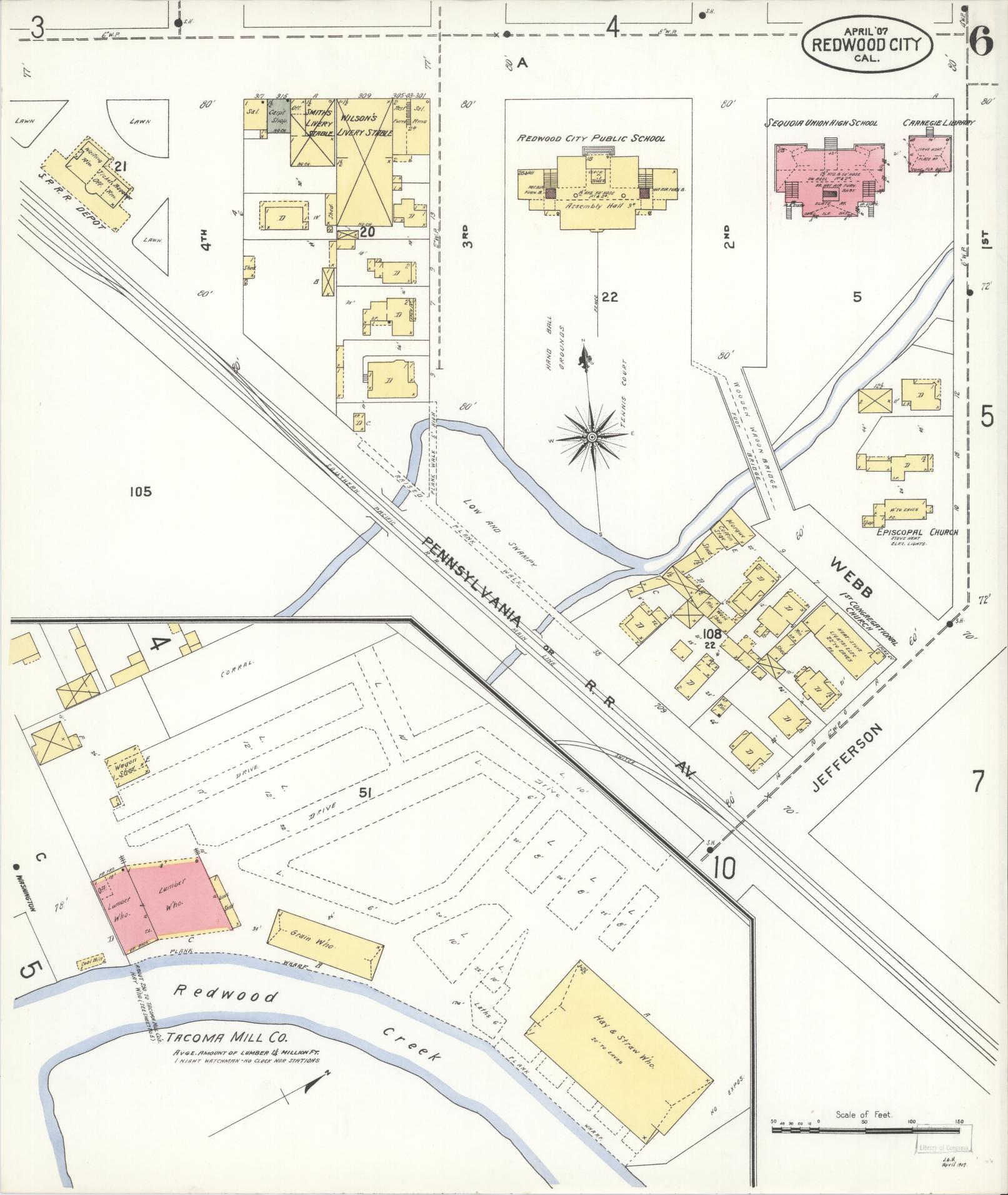 Sanborn Fire Insurance Map from Redwood City, San Mateo County, California (1907), Sheet #0006 - Complete Map Set gallery image, historic Sanborn map, vintage wall art, California California
