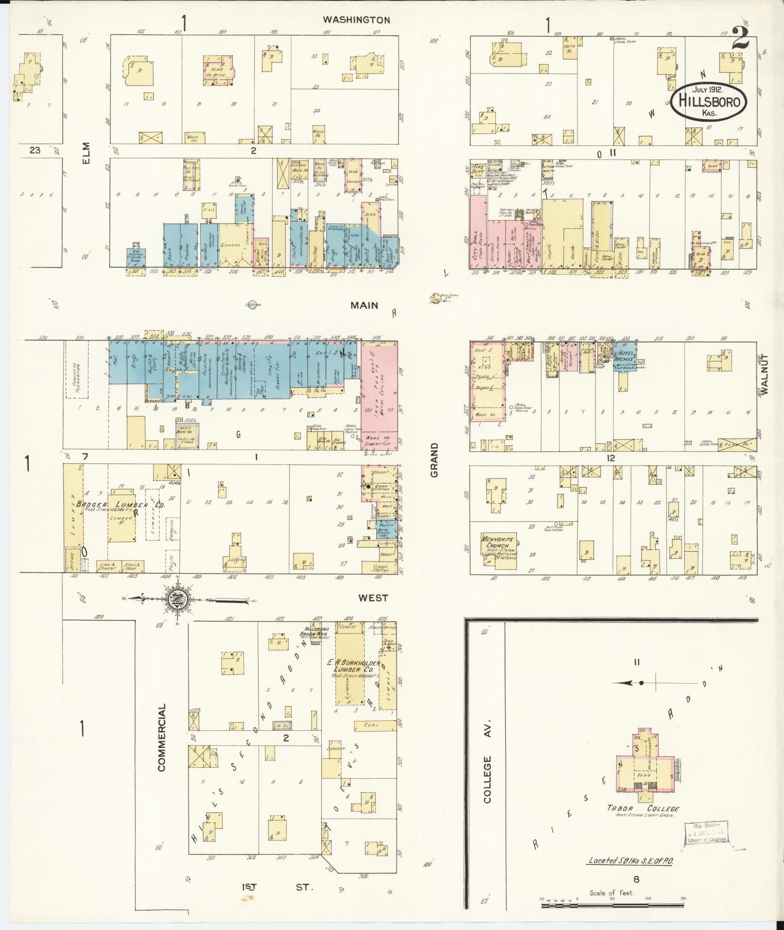 Sanborn Fire Insurance Map from Hillsboro, Marion County, Kansas (1912), Sheet #0002 - Complete Map Set gallery image, historic Sanborn map, vintage wall art, Kansas Kansas