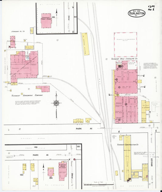 Sanborn Fire Insurance Map from Burlington, Chittenden County, Vermont (1919), Sheet #0027 - Historic Sanborn Fire Insurance Map Print, vintage old map wall art, antique decor, genealogy gift, Vermont Vermont map