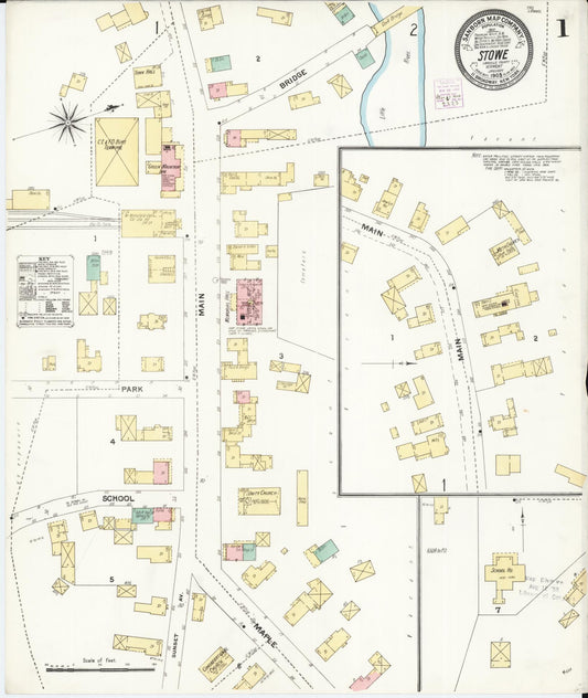Sanborn Fire Insurance Map from Stowe, Lamoille County, Vermont (1905), Sheet #0001 - Historic Sanborn Fire Insurance Map Print, vintage old map wall art, antique decor, genealogy gift, Vermont Vermont map