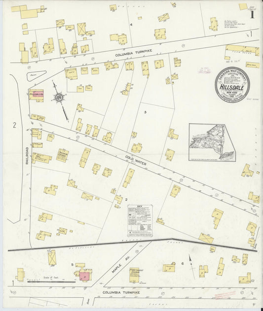 Sanborn Fire Insurance Map from Hillsdale, Columbia County, New York (1912), Sheet #0001 - Historic Sanborn Fire Insurance Map Print, vintage old map wall art, antique decor, genealogy gift, New York New York map