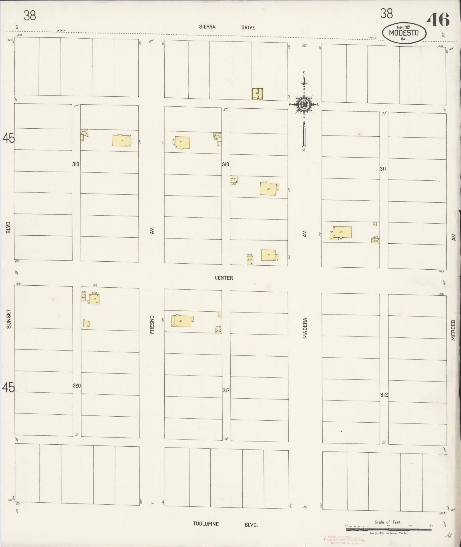 Sanborn Fire Insurance Map from Modesto, Stanislaus County, California (1919), Sheet #0046 - Complete Map Set gallery image, historic Sanborn map, vintage wall art, California California