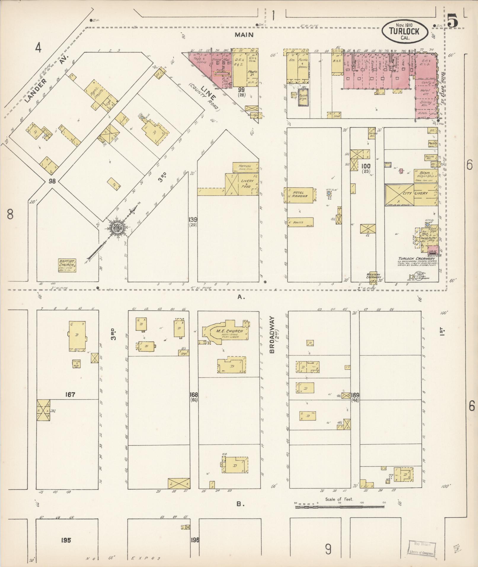 Sanborn Fire Insurance Map from Turlock, Stanislaus County, California (1910), Sheet #0005 - Complete Map Set gallery image, historic Sanborn map, vintage wall art, California California