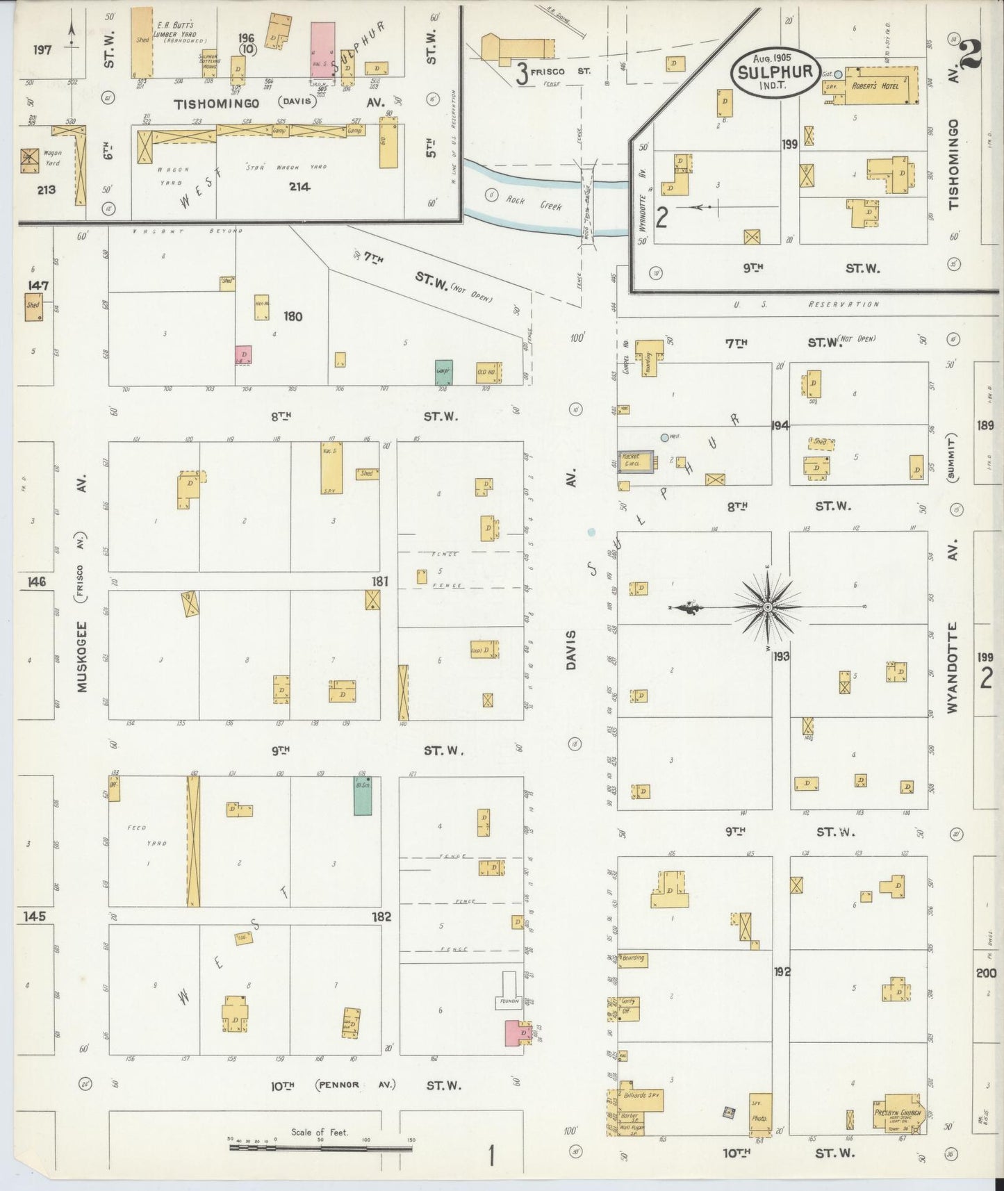 Sanborn Fire Insurance Map from Sulphur, Murray County, Oklahoma (1905), Sheet #0002 - Historic Sanborn Fire Insurance Map Print, vintage old map wall art, antique decor, genealogy gift, Oklahoma Oklahoma map