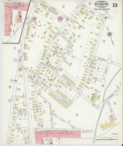 Sanborn Fire Insurance Map from Framingham, Middlesex County, Massachusetts (1915), Sheet #0013 - Historic Sanborn Fire Insurance Map Print, vintage old map wall art, antique decor, genealogy gift, Massachusetts Massachusetts map