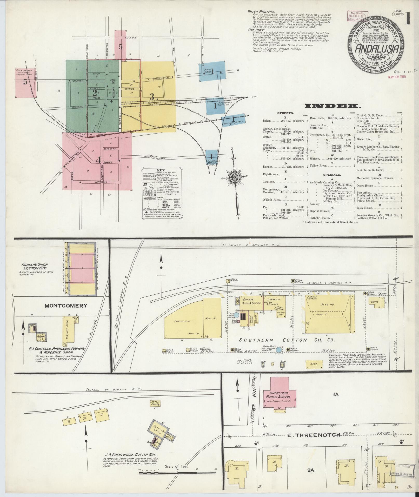 Sanborn Fire Insurance Map from Andalusia, Covington County, Alabama (1910), Sheet #0001 - Complete Map Set gallery image, historic Sanborn map, vintage wall art, Alabama Alabama