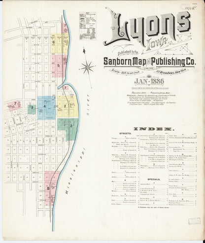 Sanborn Fire Insurance Map from Lyons, Clinton County, Iowa (1886), Sheet #0001 - Historic Sanborn Fire Insurance Map Print, vintage old map wall art
