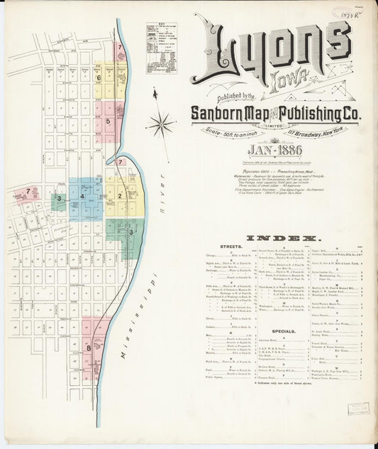 Sanborn Fire Insurance Map from Lyons, Clinton County, Iowa (1886), Sheet #0001 - Historic Sanborn Fire Insurance Map Print, vintage old map wall art