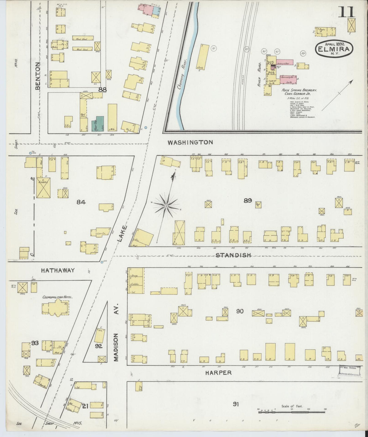 Sanborn Fire Insurance Map from Elmira, Chemung County, New York (1892), Sheet #0011 - Historic Sanborn Fire Insurance Map Print, vintage old map wall art, antique decor, genealogy gift, New York New York map