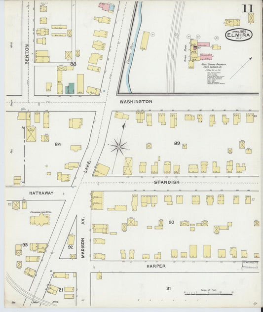Sanborn Fire Insurance Map from Elmira, Chemung County, New York (1892), Sheet #0011 - Historic Sanborn Fire Insurance Map Print, vintage old map wall art, antique decor, genealogy gift, New York New York map
