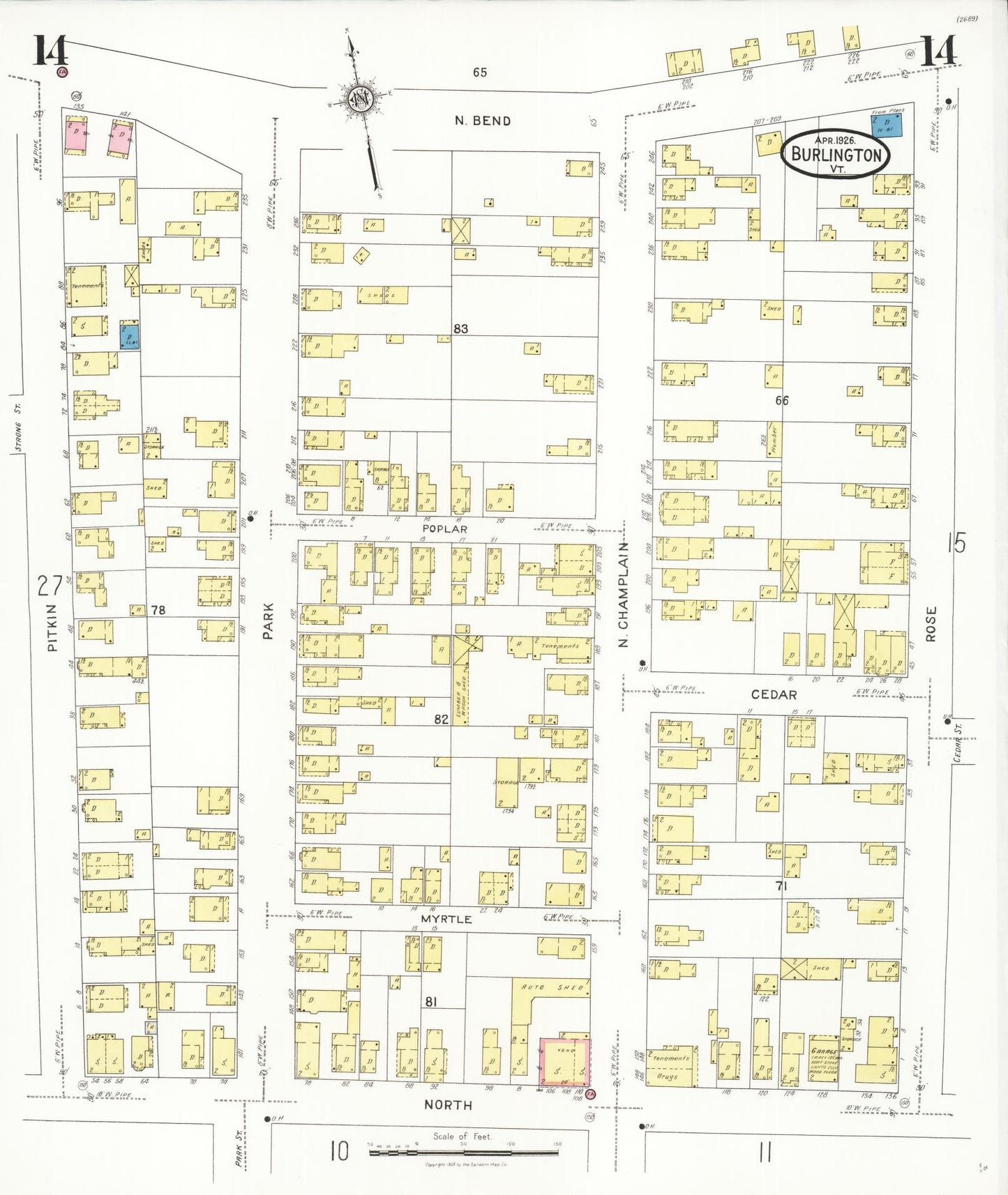 Sanborn Fire Insurance Map from Burlington, Chittenden County, Vermont (1926), Sheet #0014 - Historic Sanborn Fire Insurance Map Print, vintage old map wall art, antique decor, genealogy gift, Vermont Vermont map