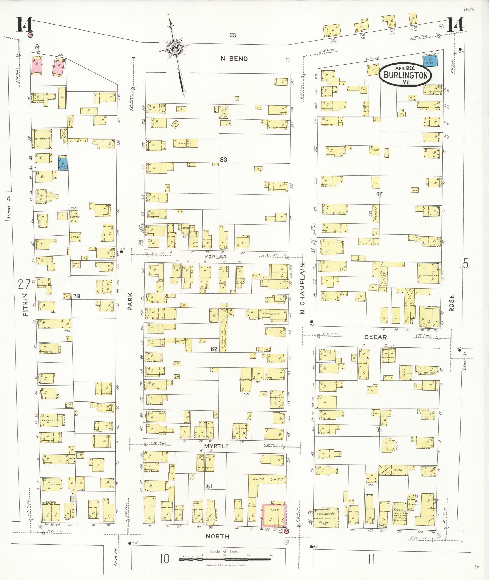 Sanborn Fire Insurance Map from Burlington, Chittenden County, Vermont (1926), Sheet #0014 - Historic Sanborn Fire Insurance Map Print, vintage old map wall art, antique decor, genealogy gift, Vermont Vermont map