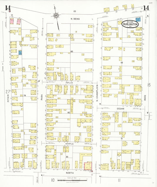 Sanborn Fire Insurance Map from Burlington, Chittenden County, Vermont (1926), Sheet #0014 - Historic Sanborn Fire Insurance Map Print, vintage old map wall art, antique decor, genealogy gift, Vermont Vermont map