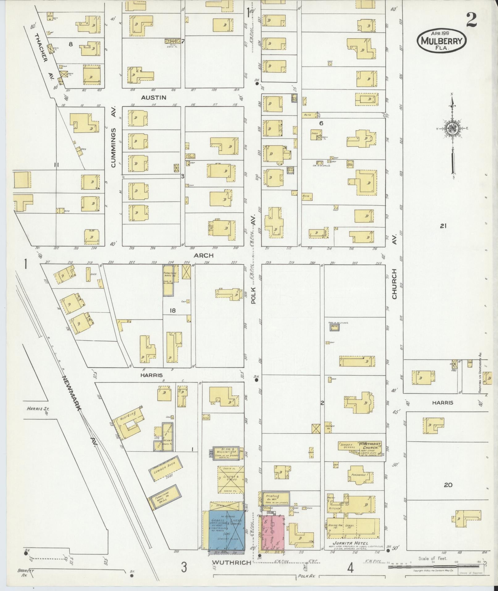 Sanborn Fire Insurance Map from Mulberry, Polk County, Florida (1919), Sheet #0002 - Historic Sanborn Fire Insurance Map Print, vintage old map wall art, antique decor, genealogy gift, Florida Florida map