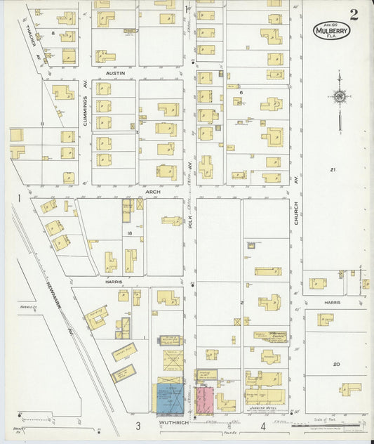 Sanborn Fire Insurance Map from Mulberry, Polk County, Florida (1919), Sheet #0002 - Historic Sanborn Fire Insurance Map Print, vintage old map wall art, antique decor, genealogy gift, Florida Florida map