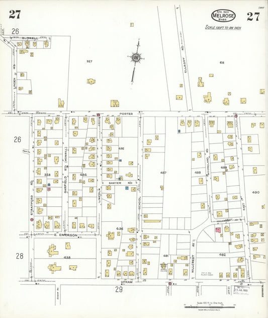Sanborn Fire Insurance Map from Melrose, Middlesex County, Massachusetts (1923), Sheet #0027 - Historic Sanborn Fire Insurance Map Print, vintage old map wall art, antique decor, genealogy gift, Massachusetts Massachusetts map