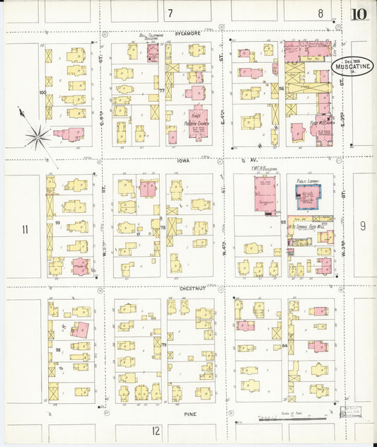 Sanborn Fire Insurance Map from Muscatine, Muscatine County, Iowa (1905), Sheet #0010 - Historic Sanborn Fire Insurance Map Print, vintage old map wall art