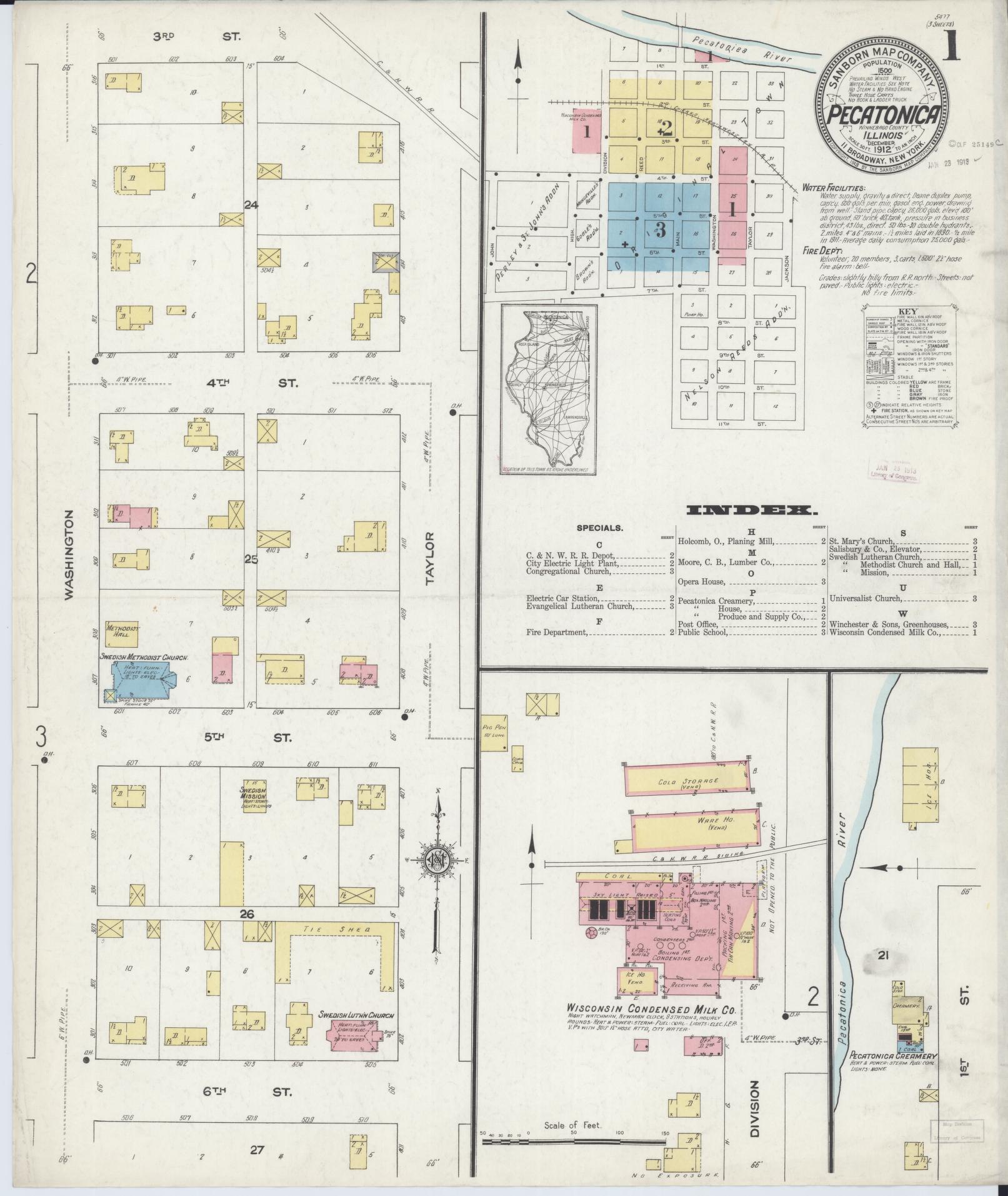 Sanborn Fire Insurance Map from Pecatonica, Winnebago County, Illinois (1912), Sheet #0001 - Historic Sanborn Fire Insurance Map Print, vintage old map wall art, antique decor, genealogy gift, Illinois Illinois map