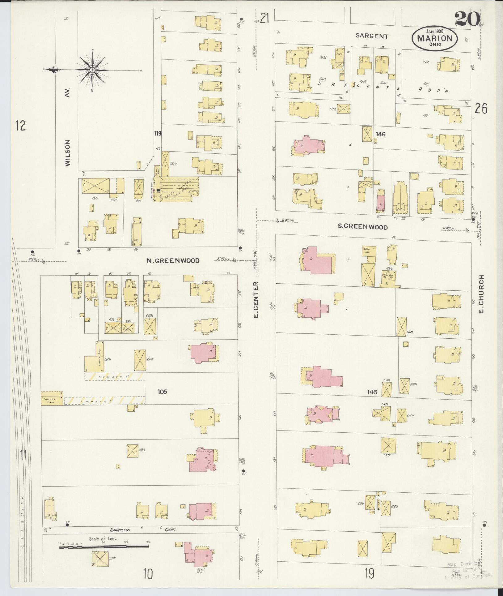 Sanborn Fire Insurance Map from Marion, Marion County, Ohio (1908), Sheet #0020 - Complete Map Set gallery image, historic Sanborn map, vintage wall art, Ohio Ohio
