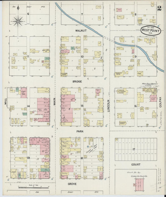 Sanborn Fire Insurance Map from West Point, Cuming County, Nebraska (1889), Sheet #0002 - Historic Sanborn Fire Insurance Map Print, vintage old map wall art, antique decor, genealogy gift, Nebraska Nebraska map