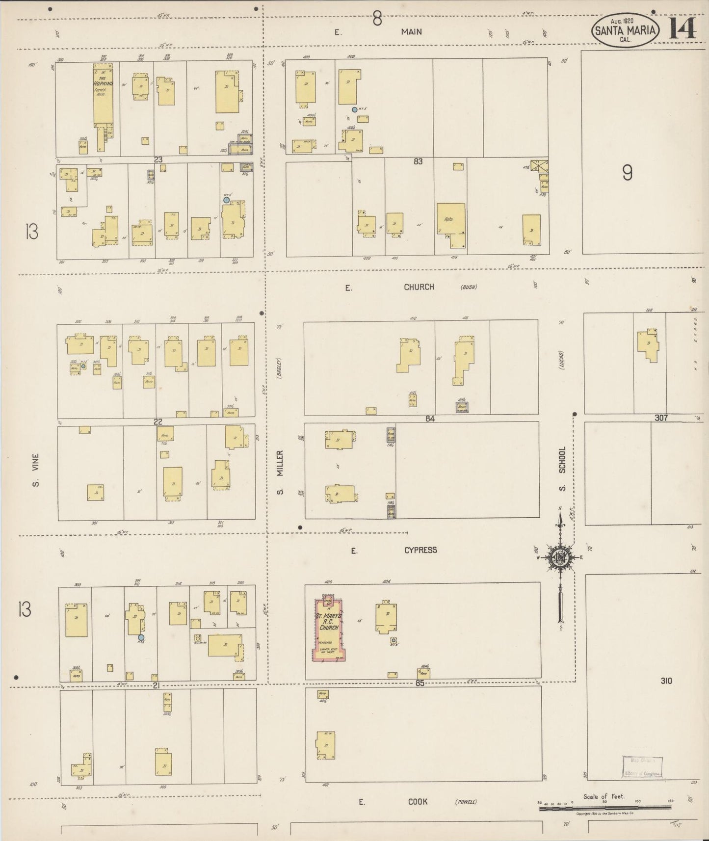 Sanborn Fire Insurance Map from Santa Maria, Santa Barbara County, California (1920), Sheet #0014 - Complete Map Set gallery image, historic Sanborn map, vintage wall art, California California