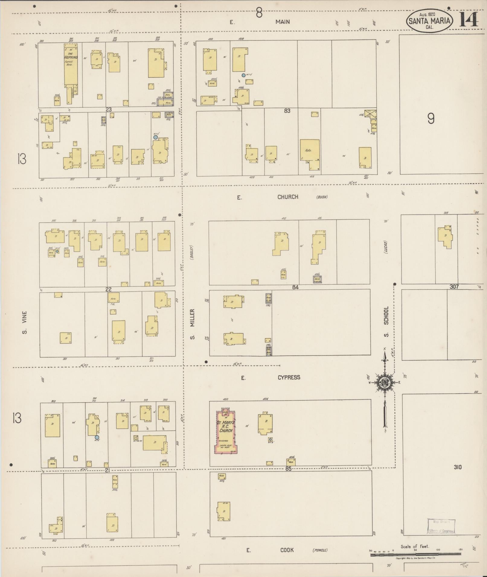 Sanborn Fire Insurance Map from Santa Maria, Santa Barbara County, California (1920), Sheet #0014 - Complete Map Set gallery image, historic Sanborn map, vintage wall art, California California