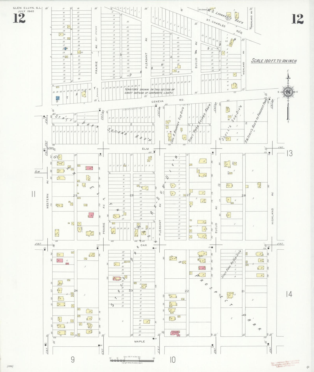 Sanborn Fire Insurance Map from Glen Ellyn, Du Page County, Illinois (1940), Sheet #0012 - Historic Sanborn Fire Insurance Map Print, vintage old map wall art, antique decor, genealogy gift, Illinois Illinois map