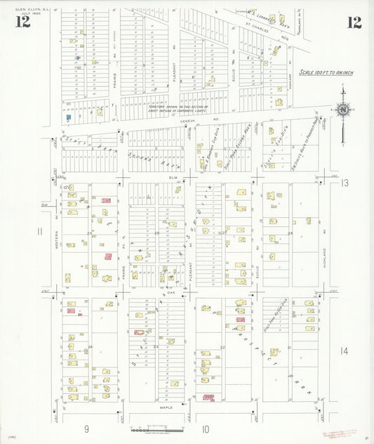 Sanborn Fire Insurance Map from Glen Ellyn, Du Page County, Illinois (1940), Sheet #0012 - Historic Sanborn Fire Insurance Map Print, vintage old map wall art, antique decor, genealogy gift, Illinois Illinois map