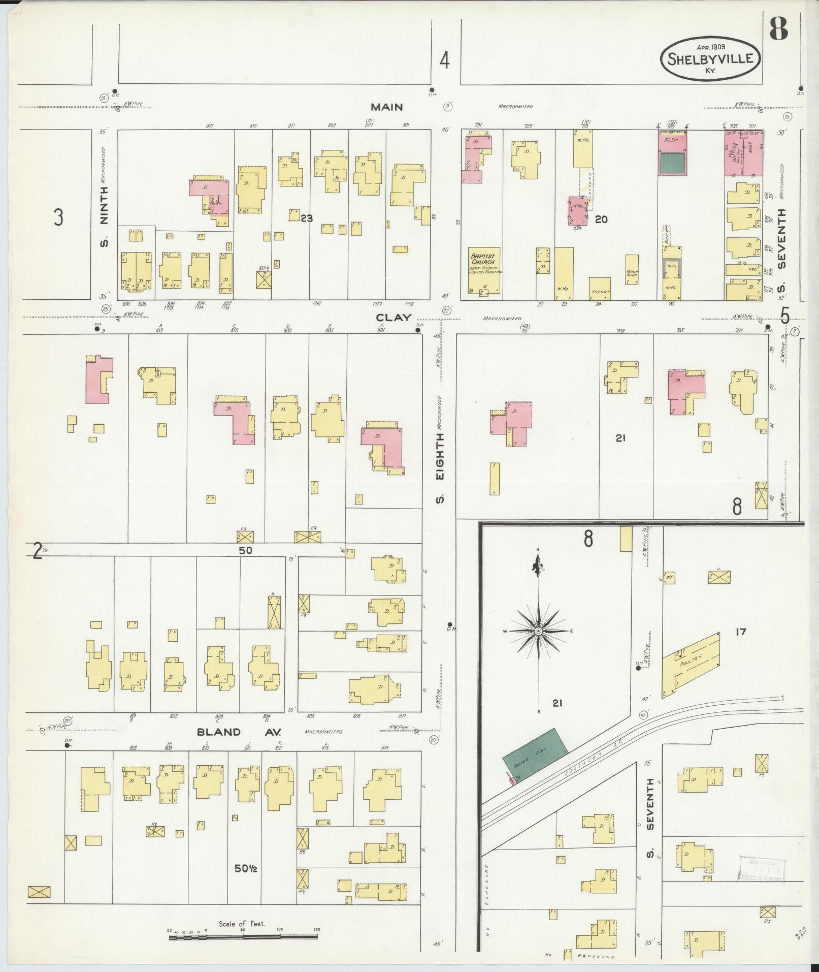 Sanborn Fire Insurance Map from Shelbyville, Shelby County, Kentucky (1909), Sheet #0008 - Historic Sanborn Fire Insurance Map Print, vintage old map wall art, antique decor, genealogy gift, Kentucky Kentucky map