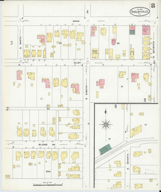 Sanborn Fire Insurance Map from Shelbyville, Shelby County, Kentucky (1909), Sheet #0008 - Historic Sanborn Fire Insurance Map Print, vintage old map wall art, antique decor, genealogy gift, Kentucky Kentucky map