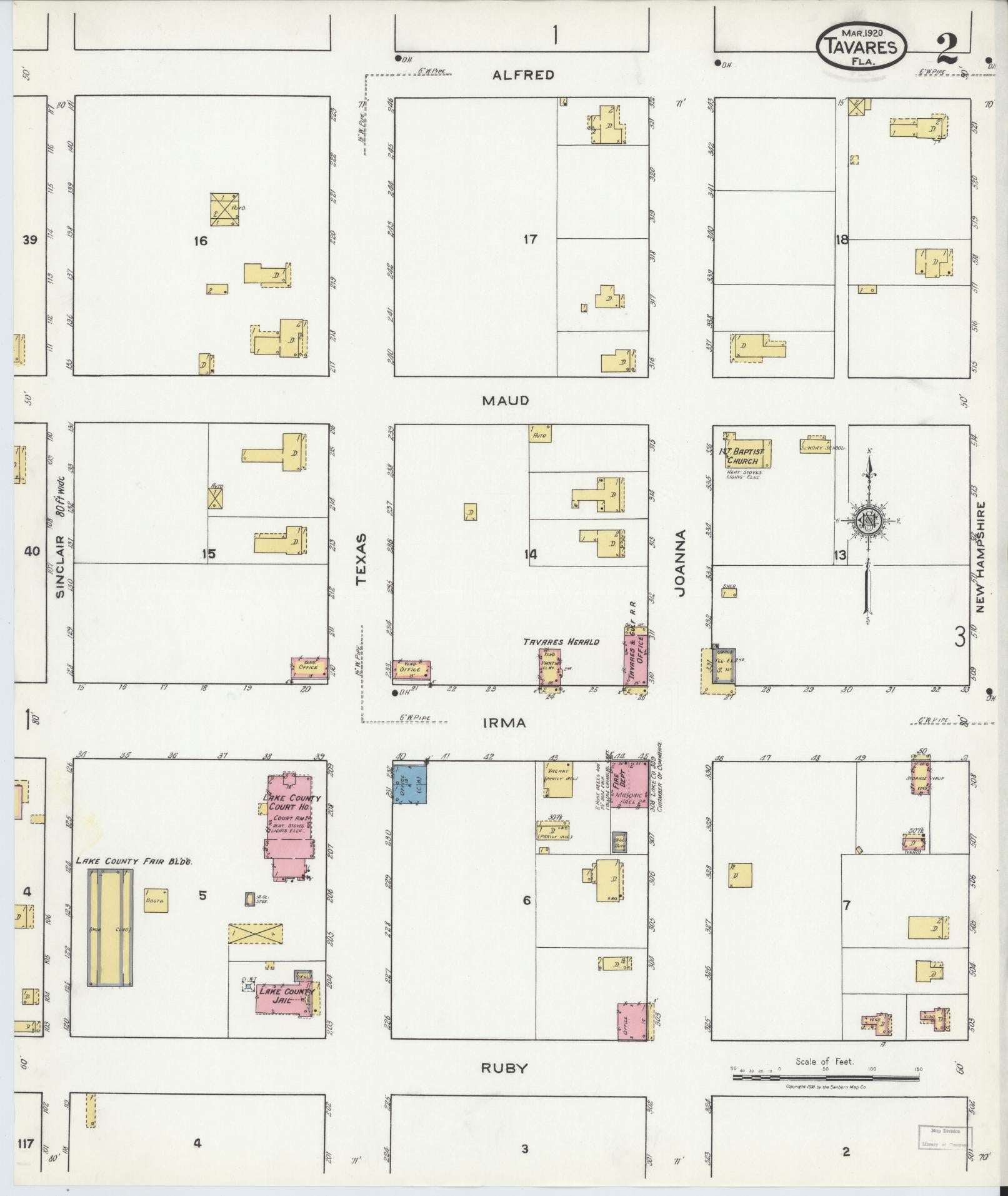 Sanborn Fire Insurance Map from Tavares, Lake County, Florida (1920), Sheet #0002 - Historic Sanborn Fire Insurance Map Print, vintage old map wall art, antique decor, genealogy gift, Florida Florida map