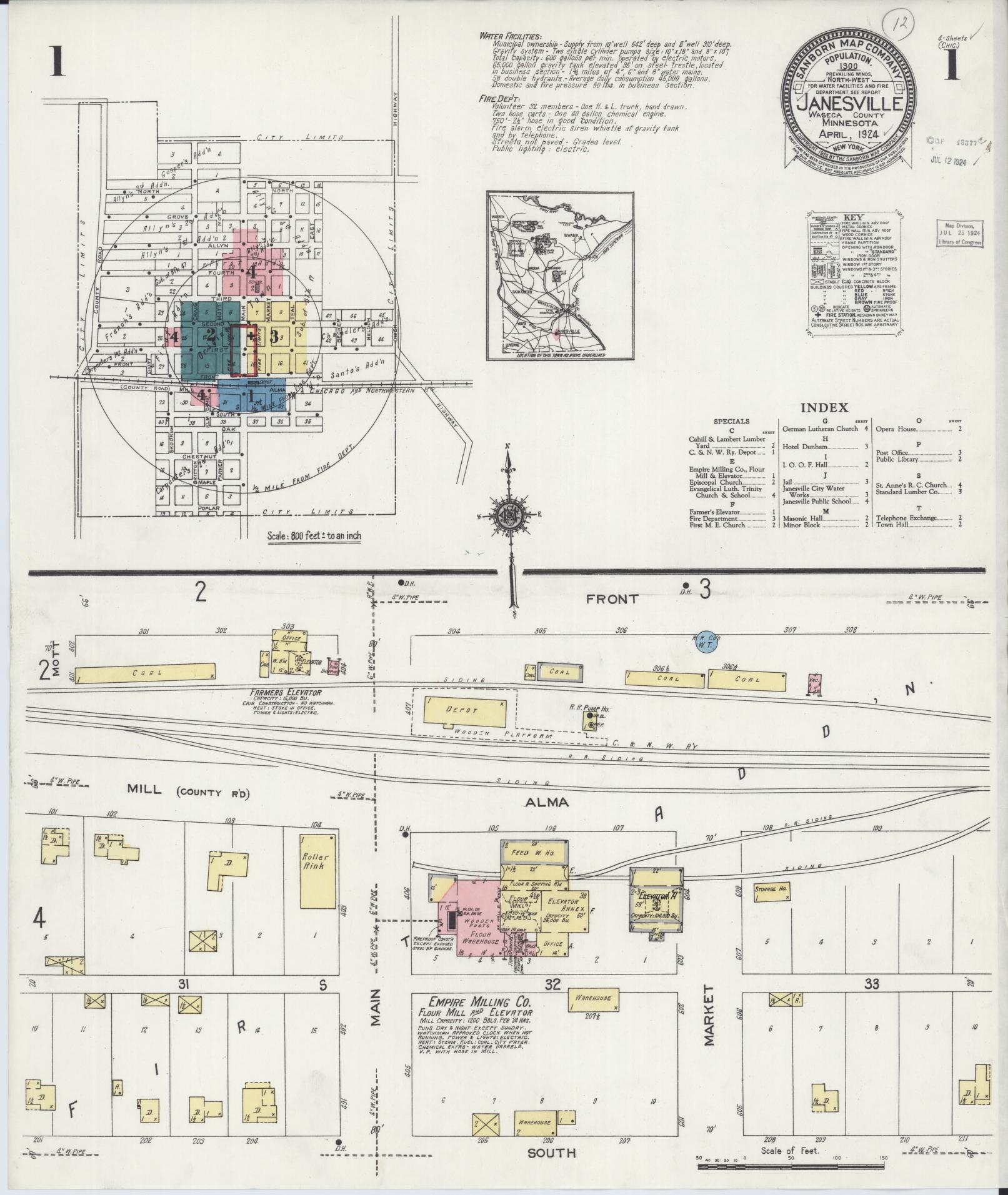 Sanborn Fire Insurance Map from Janesville, Waseca County, Minnesota (1924), Sheet #0001 - Historic Sanborn Fire Insurance Map Print, vintage old map wall art, antique decor, genealogy gift, Minnesota Minnesota map
