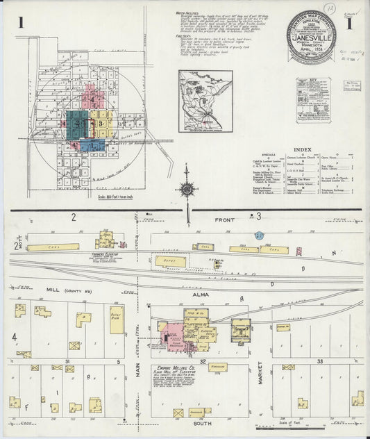 Sanborn Fire Insurance Map from Janesville, Waseca County, Minnesota (1924), Sheet #0001 - Historic Sanborn Fire Insurance Map Print, vintage old map wall art, antique decor, genealogy gift, Minnesota Minnesota map
