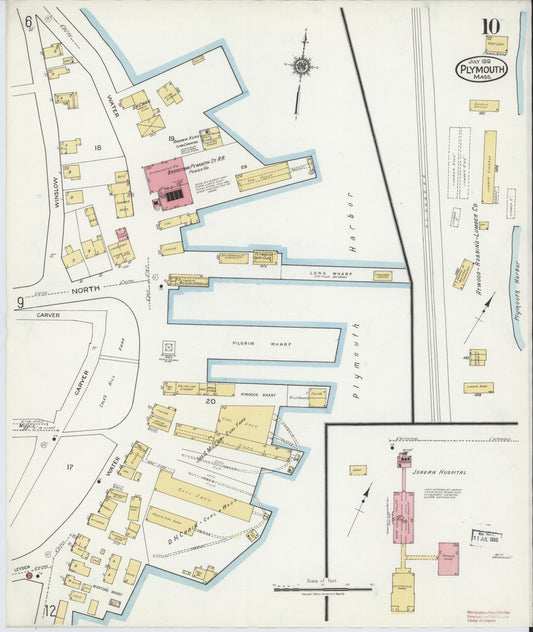 Sanborn Fire Insurance Map from Plymouth, Plymouth County, Massachusetts (1919), Sheet #0010 - Historic Sanborn Fire Insurance Map Print, vintage old map wall art, antique decor, genealogy gift, Massachusetts Massachusetts map
