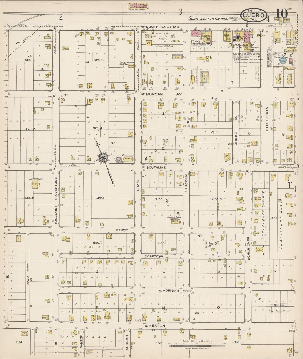 Sanborn Fire Insurance Map from Cuero, De Witt County, Texas (1922), Sheet #0010 - Complete Map Set gallery image, historic Sanborn map, vintage wall art, Texas Texas