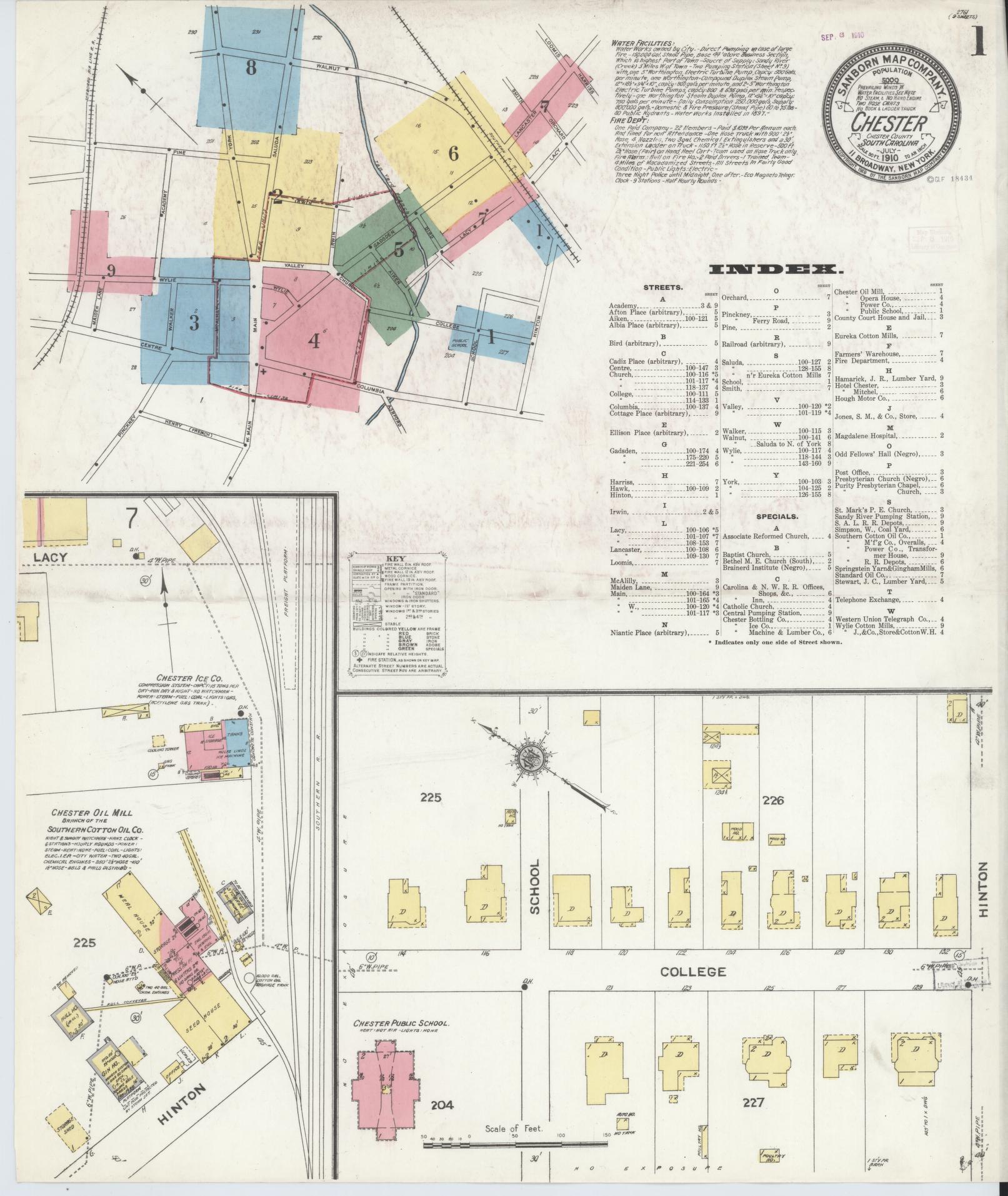 Sanborn Fire Insurance Map from Chester, Chester County, South Carolina (1910), Sheet #0001 - Historic Sanborn Fire Insurance Map Print, vintage old map wall art, antique decor, genealogy gift, South Carolina South Carolina map