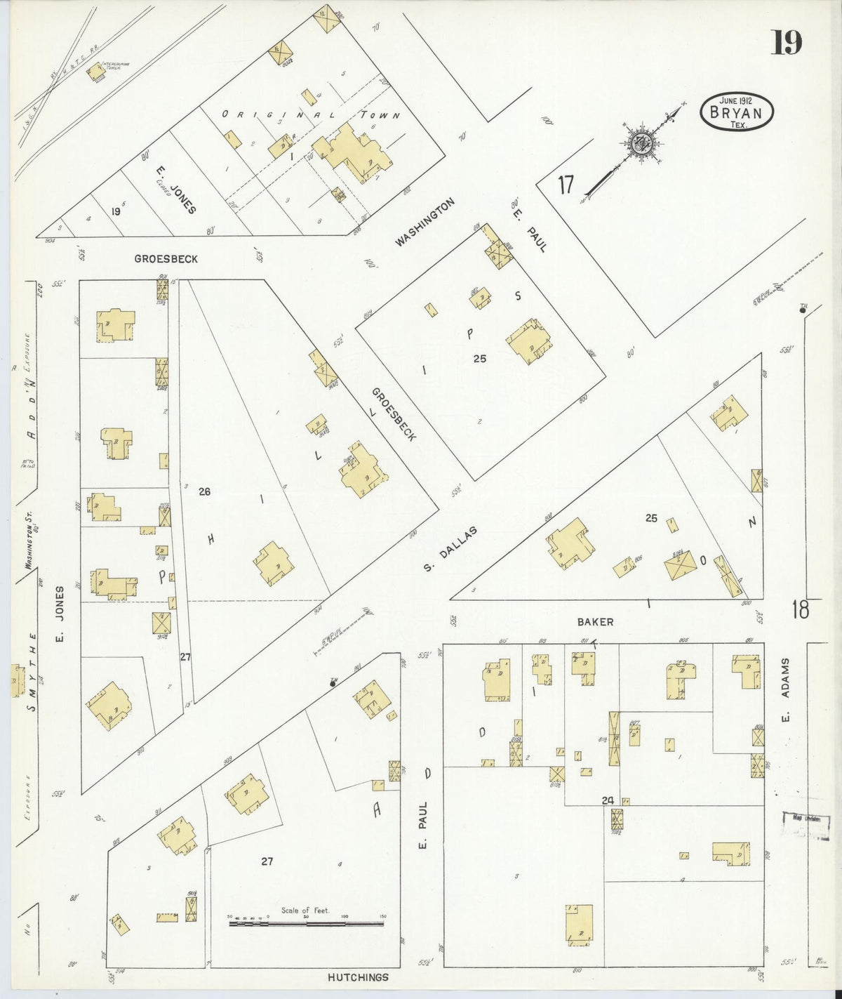 Sanborn Fire Insurance Map from Bryan, Brazos County, Texas (1912), Sheet #0019 - Complete Map Set gallery image, historic Sanborn map, vintage wall art, Texas Texas