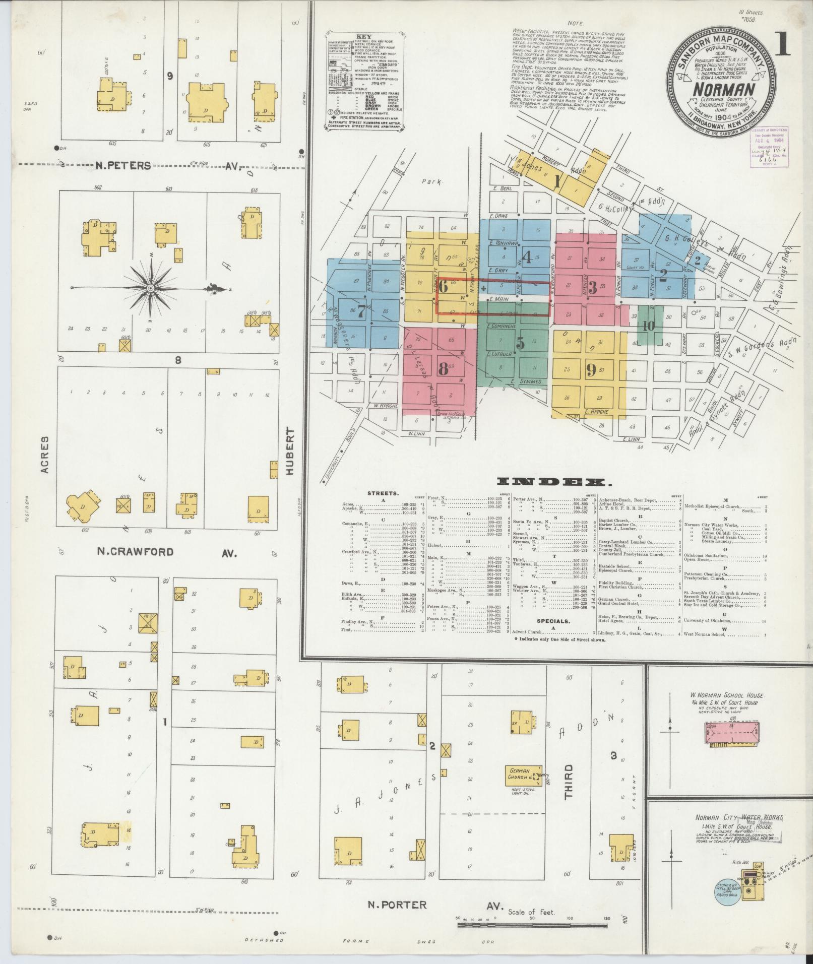 Sanborn Fire Insurance Map from Norman, Cleveland County, Oklahoma (1904), Sheet #0001 - Complete Map Set gallery image, historic Sanborn map, vintage wall art, Oklahoma Oklahoma