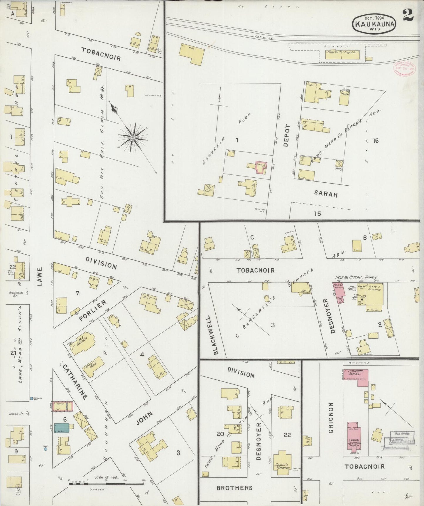 Sanborn Fire Insurance Map from Kaukauna, Outagamie County, Wisconsin (1894), Sheet #0002 - Historic Sanborn Fire Insurance Map Print, vintage old map wall art, antique decor, genealogy gift, Wisconsin Wisconsin map