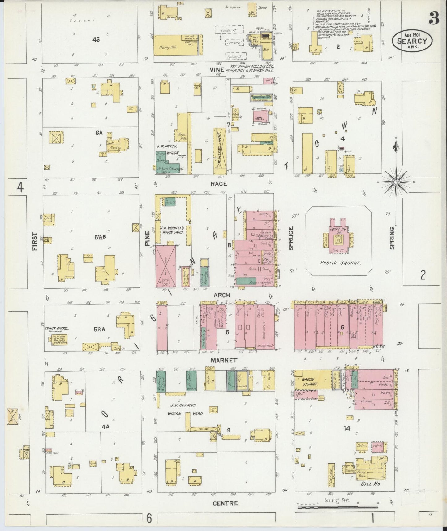 Sanborn Fire Insurance Map from Searcy, White County, Arkansas (1901), Sheet #0003 - Historic Sanborn Fire Insurance Map Print, vintage old map wall art, antique decor, genealogy gift, Arkansas Arkansas map