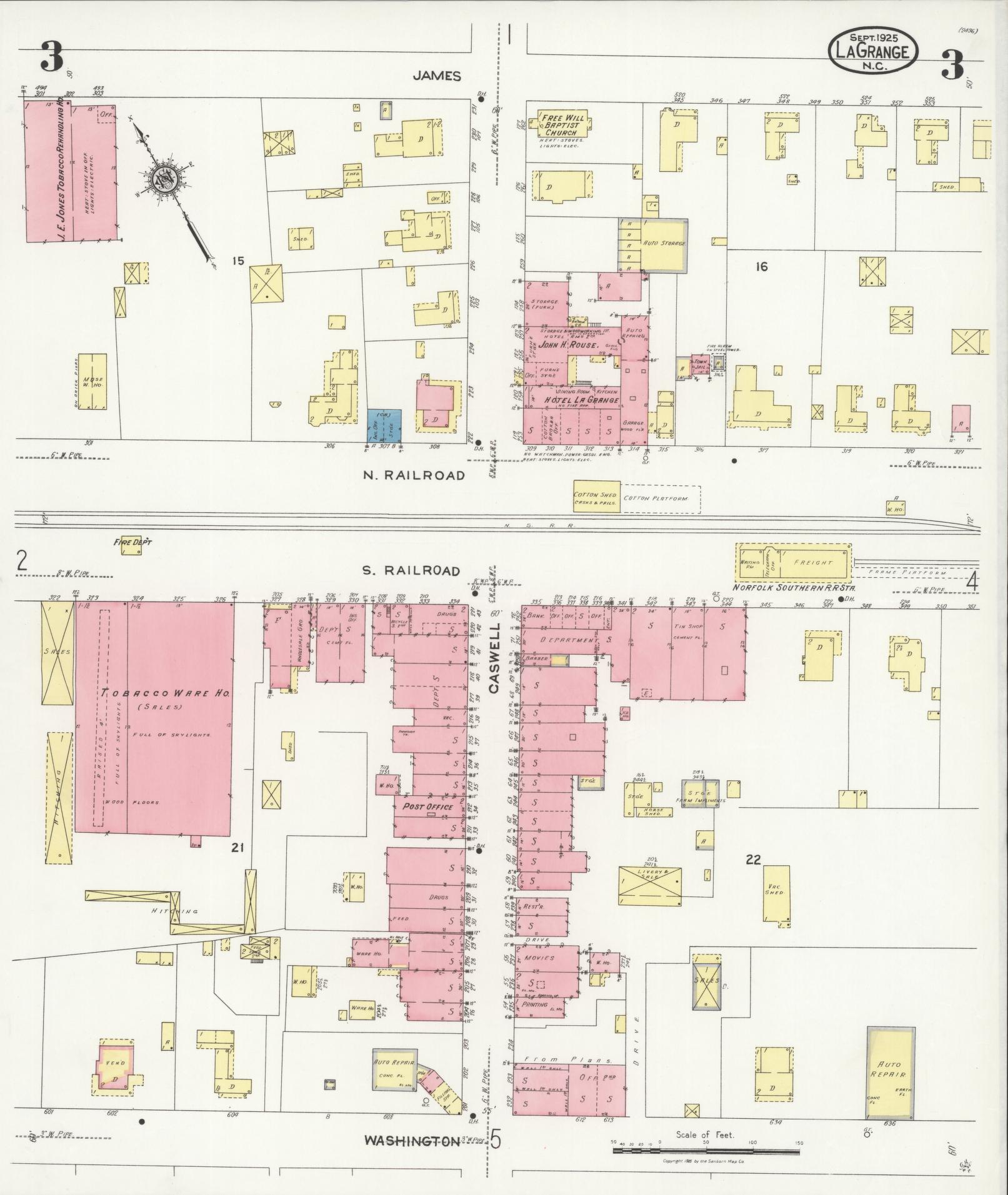 Sanborn Fire Insurance Map from La Grange, Lenoir County, North Carolina (1925), Sheet #0003 - Complete Map Set gallery image, historic Sanborn map, vintage wall art, North Carolina North Carolina