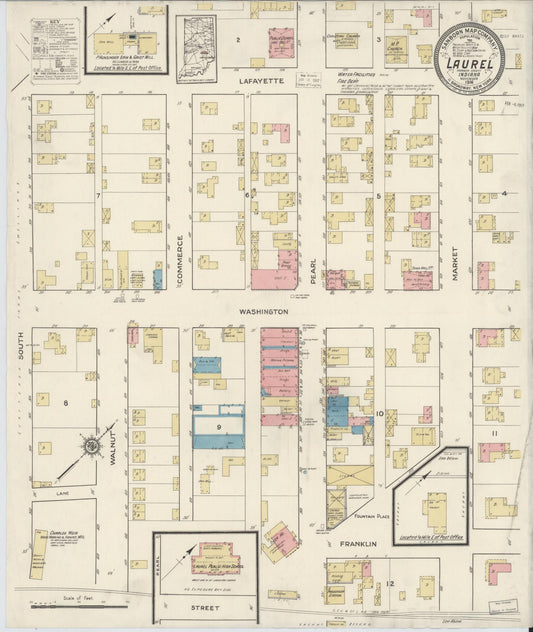 Sanborn Fire Insurance Map from Laurel, Franklin County, Indiana (1916), Sheet #0001 - Historic Sanborn Fire Insurance Map Print, vintage old map wall art, antique decor, genealogy gift, Indiana Indiana map
